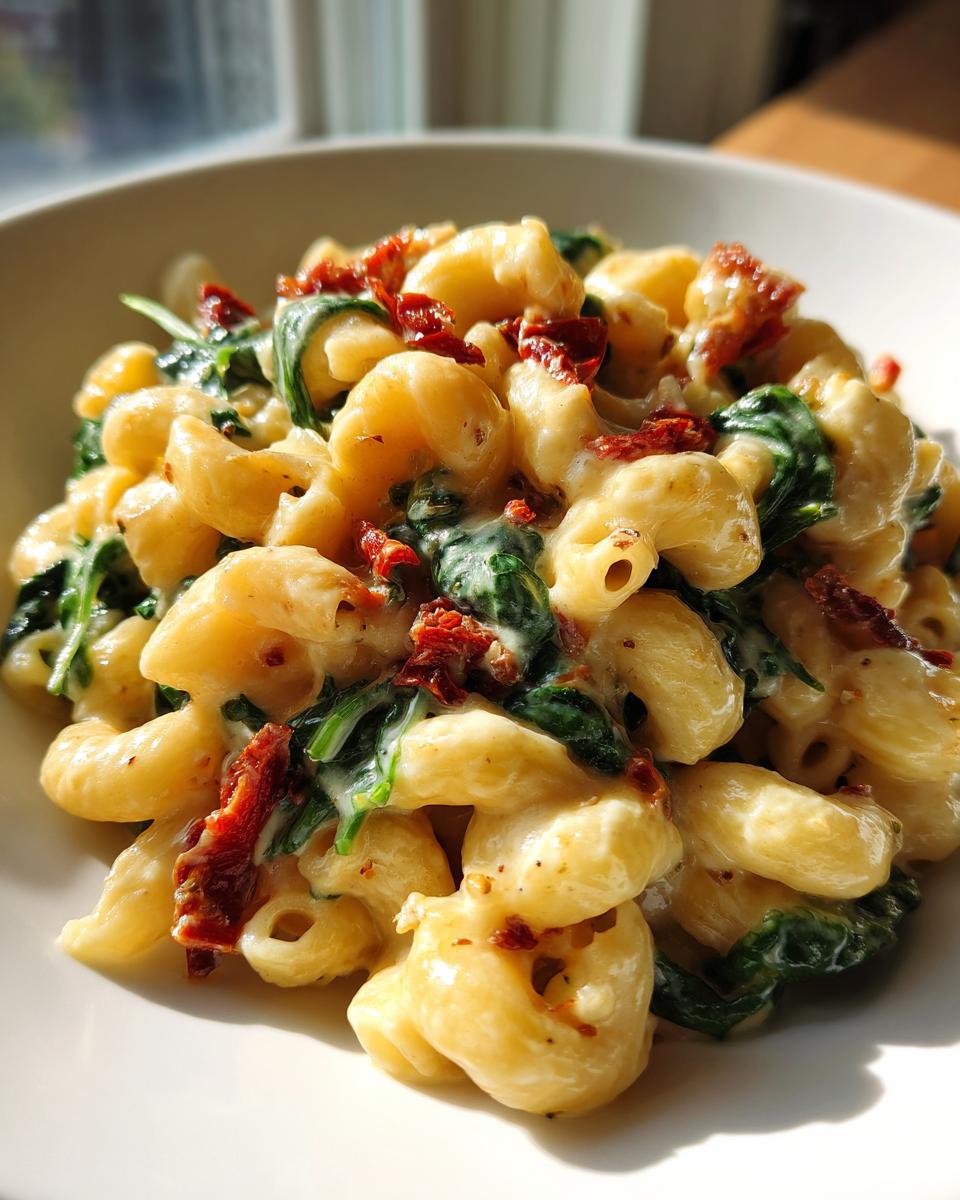 Close-up of creamy Tuscan mac and cheese featuring elbow pasta, wilted spinach, and sun-dried tomatoes in a white bowl.
