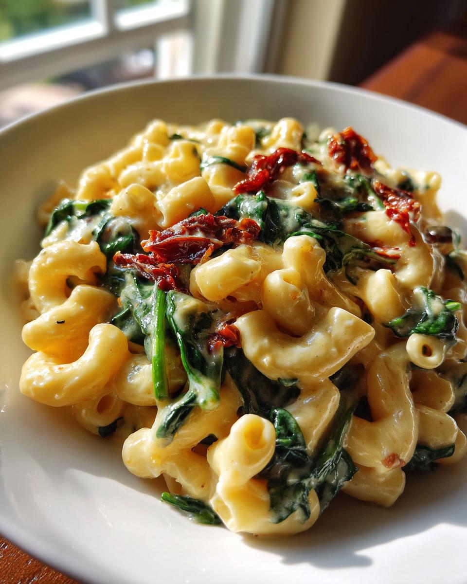 Close-up of creamy Tuscan mac and cheese featuring elbow macaroni, wilted spinach, and sun-dried tomatoes in a white bowl.