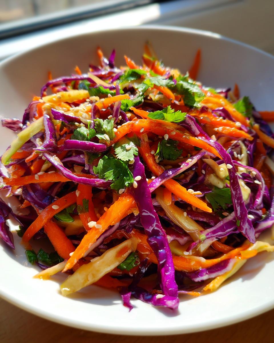 Close-up of a vibrant cabbage salad featuring shredded red cabbage, julienned carrots, and cilantro, topped with sesame seeds.