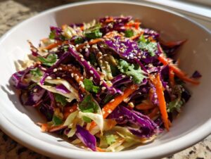 Close-up of a vibrant cabbage salad featuring shredded purple and green cabbage, carrots, cilantro, and sesame seeds.