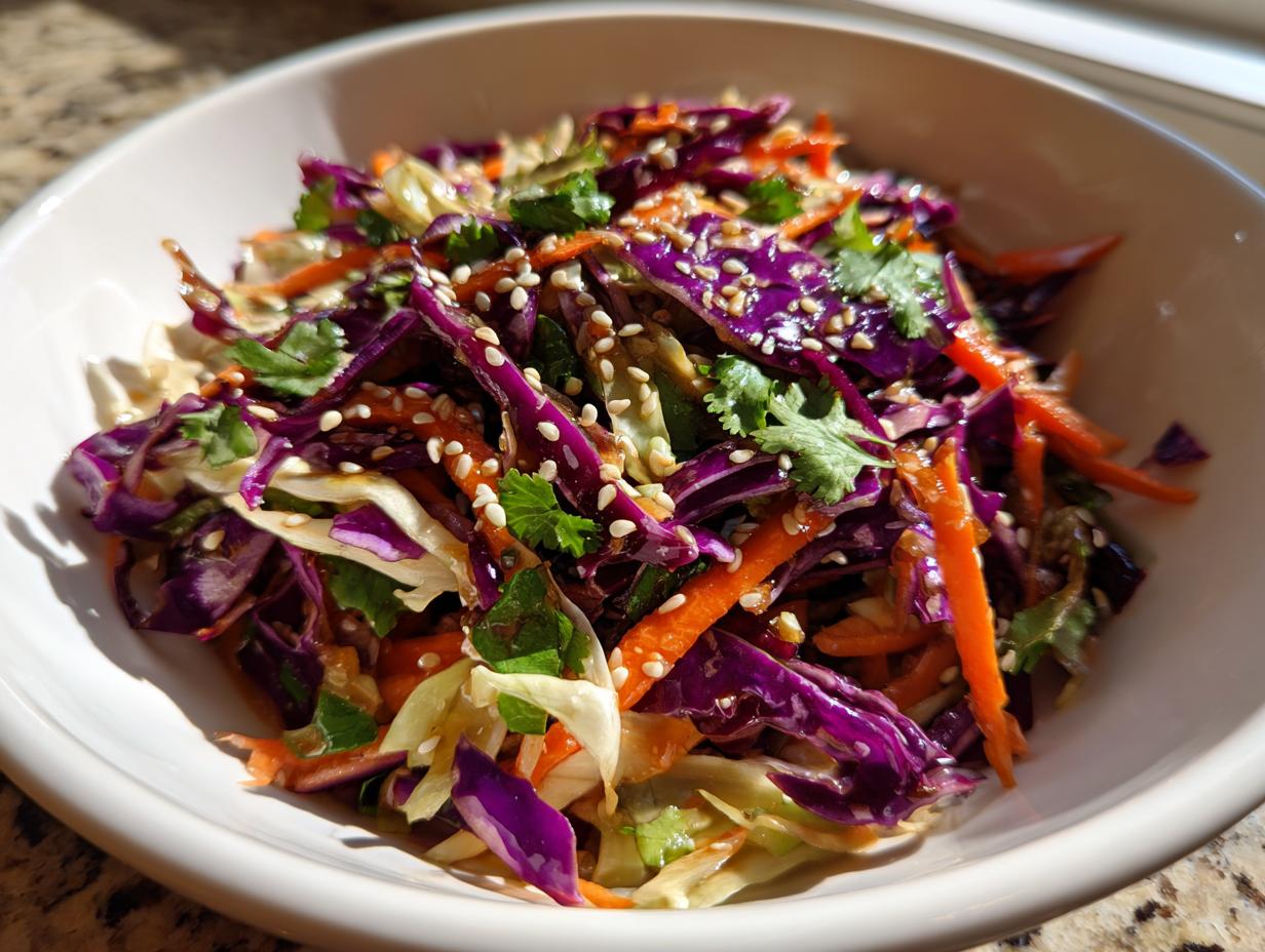 Close-up of a vibrant cabbage salad featuring shredded purple and green cabbage, carrots, cilantro, and sesame seeds.