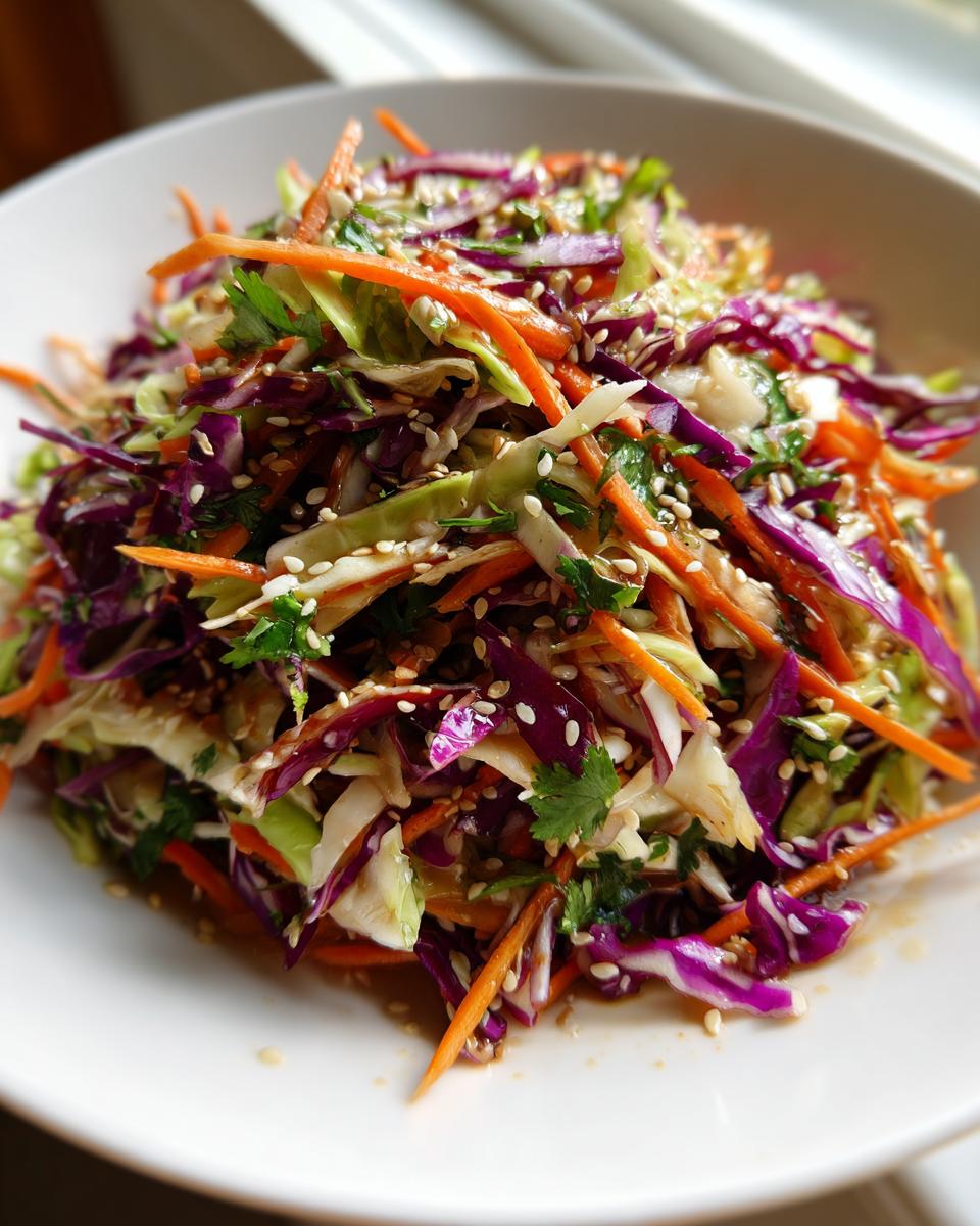 Close-up of a vibrant cabbage salad featuring shredded red and green cabbage, carrots, and sesame seeds.