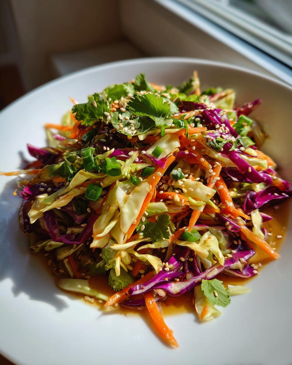 A vibrant bowl of Asian-style cabbage salad featuring shredded red and green cabbage, carrots, cilantro, and sesame seeds.