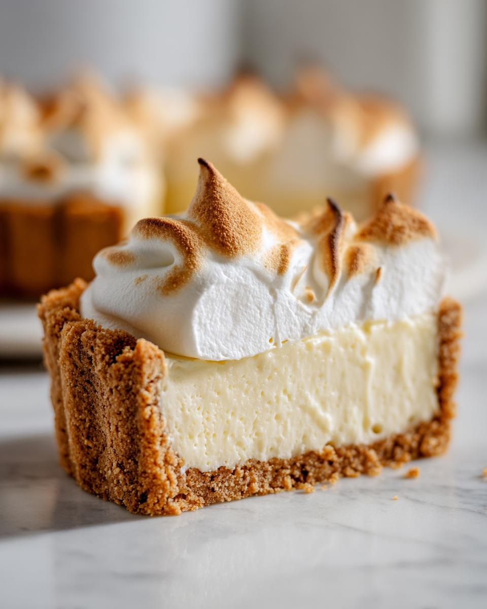 A close-up of a slice of white chocolate mousse tart with a graham cracker crust and torched meringue topping.