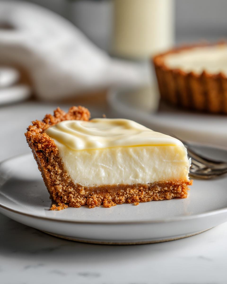A decadent slice of white chocolate mousse tart with a graham cracker crust, served on a plate.