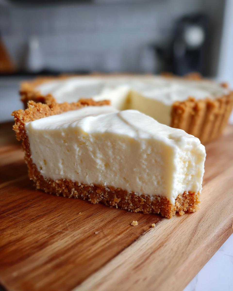 A close-up of a slice of white chocolate mousse tart with a graham cracker crust on a wooden board.