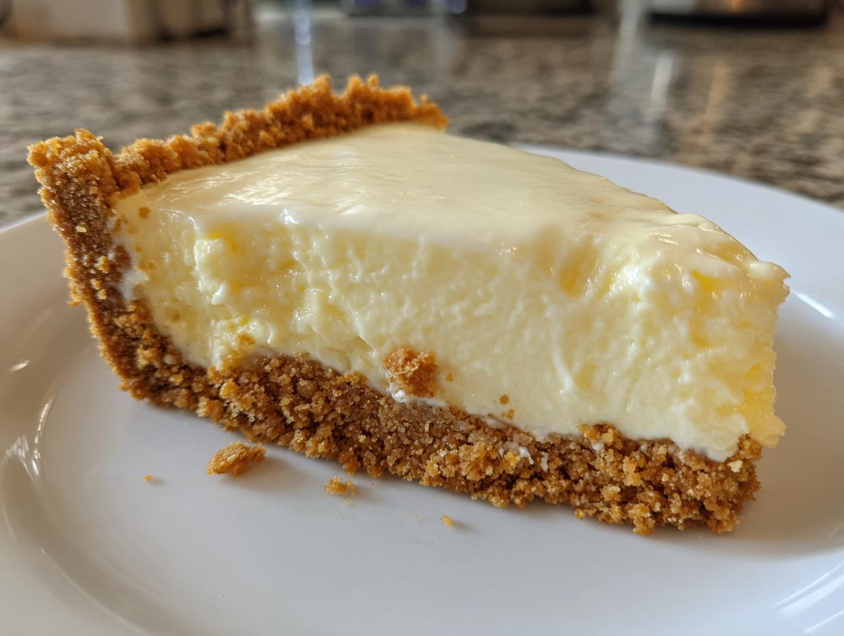 A close-up of a slice of white chocolate mousse tart with a graham cracker crust.