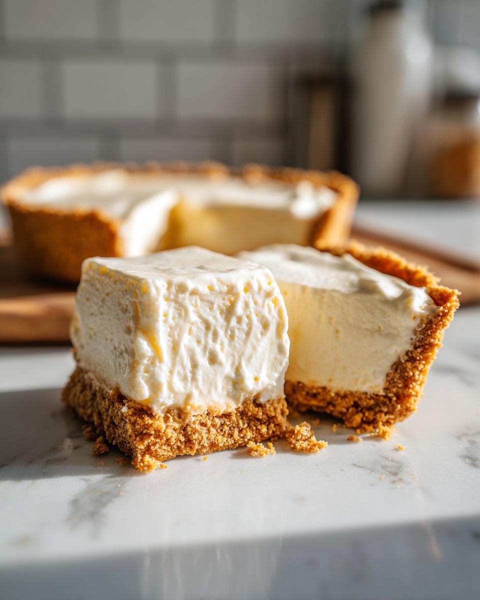Close-up of two slices of white chocolate mousse tart with a graham cracker crust.