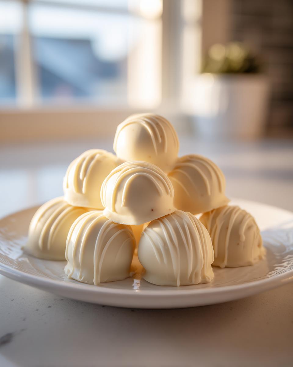 A stack of white chocolate-covered no bake pumpkin cheesecake balls drizzled with white chocolate.