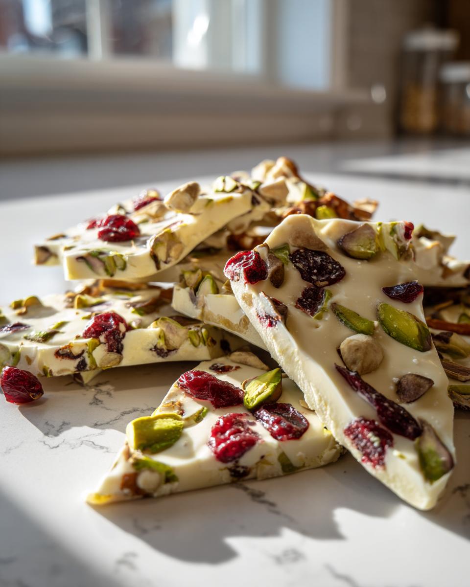 Close-up of white chocolate pretzel bark pieces topped with dried cranberries and pistachios.