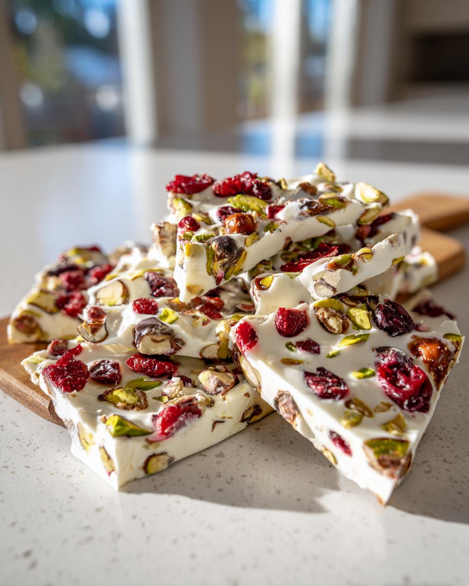 A close-up of white chocolate pretzel bark loaded with pistachios, almonds, and dried cranberries.
