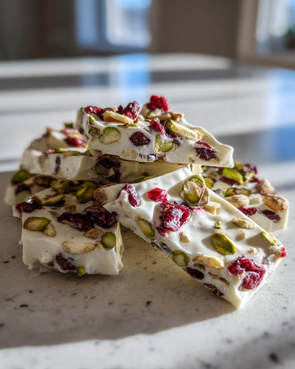 A stack of white chocolate pretzel bark pieces, loaded with pistachios, almonds, and dried cranberries.