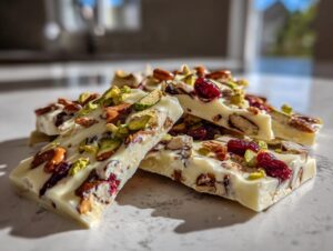 Close-up of White Chocolate Pretzel Bark topped with almonds, pistachios, and dried cranberries.