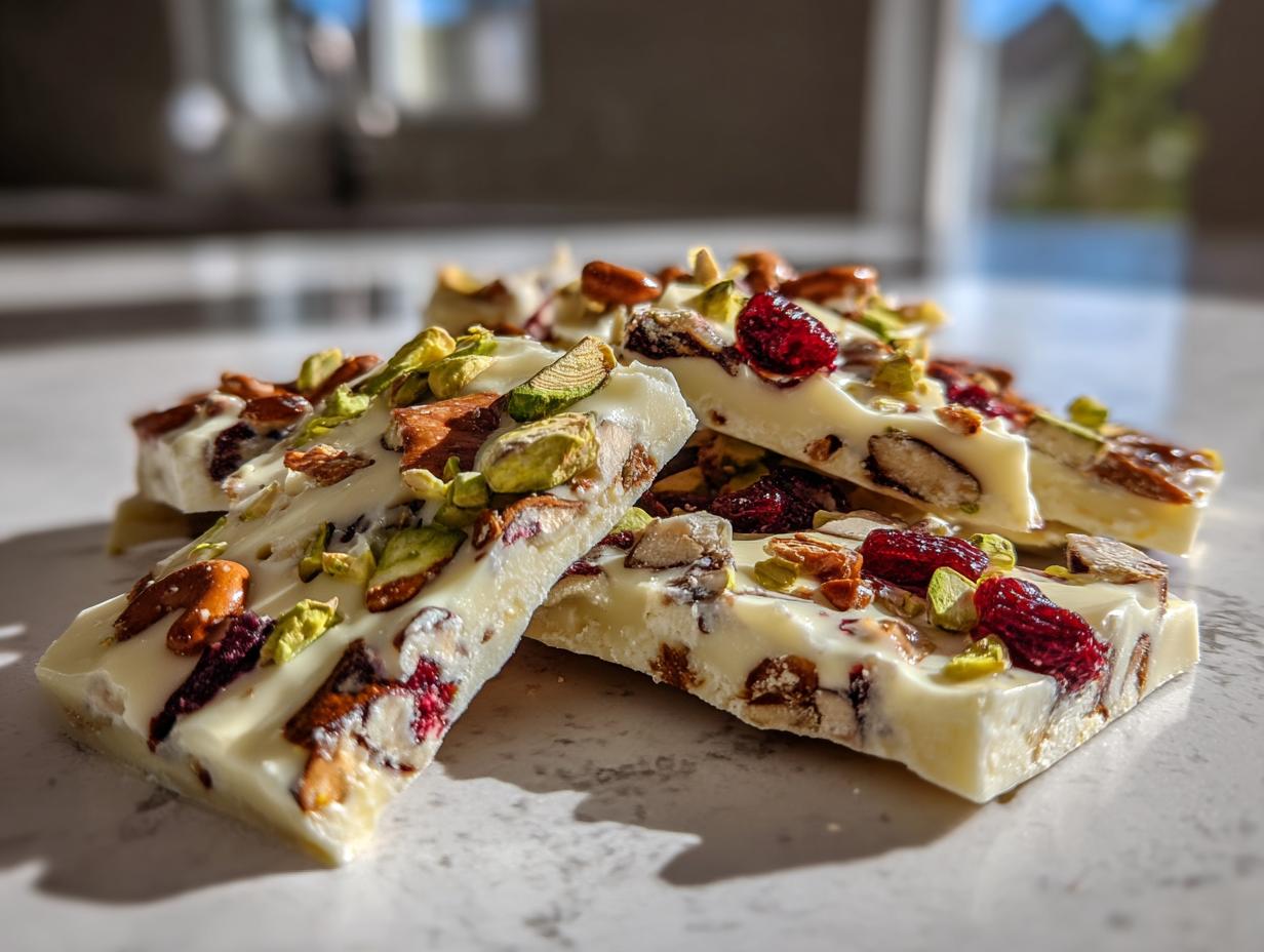 Close-up of White Chocolate Pretzel Bark topped with almonds, pistachios, and dried cranberries.