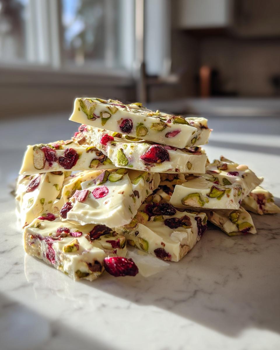 A pile of broken pieces of white chocolate pretzel bark, studded with pistachios and dried cranberries.