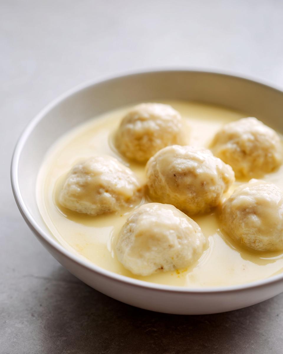 A close-up of six tender youvarlakia Greek meatball soup submerged in creamy, yellow avgolemono sauce in a white bowl.