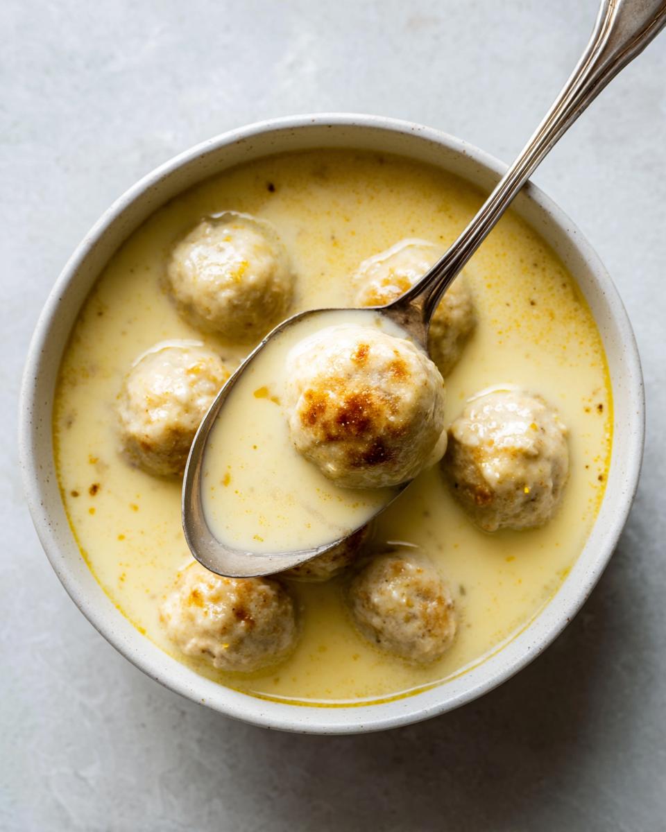 Overhead view of a bowl of youvarlakia Greek meatball soup, with a spoon lifting one browned meatball from the creamy yellow avgolemono broth.