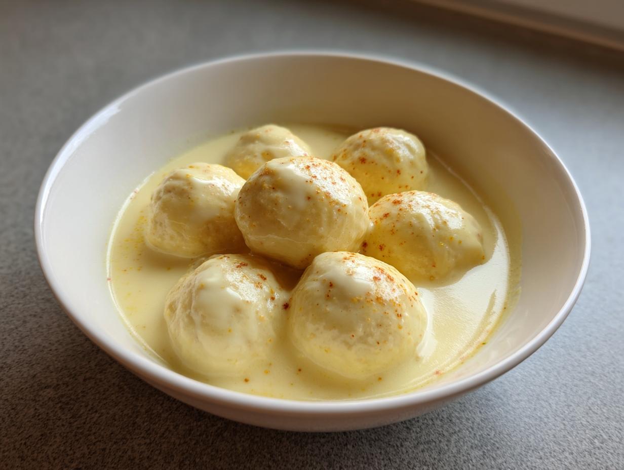 Close-up of six creamy youvarlakia Greek meatball soup balls submerged in a rich, pale yellow avgolemono sauce.
