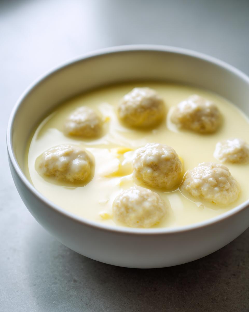 Close-up of a white bowl filled with youvarlakia Greek meatball soup, featuring meatballs in a creamy, yellow avgolemono sauce.