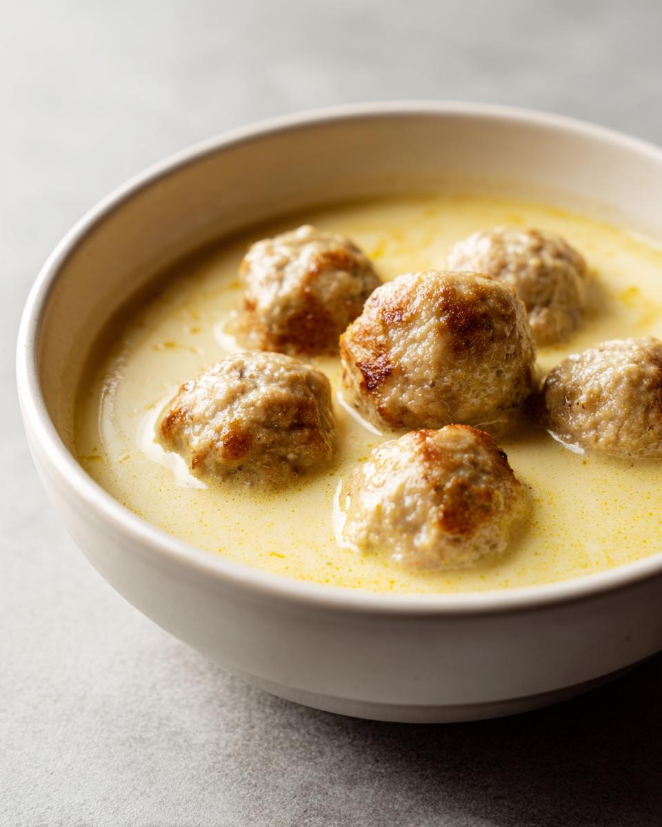 Close-up of seared meatballs submerged in the creamy, yellow avgolemono broth of youvarlakia Greek meatball soup.