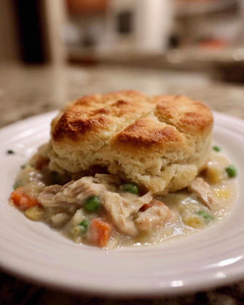 A serving of creamy chicken pot topped with a fluffy, golden-brown biscuit on a white plate.