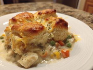 Close-up of a serving of 1-Pot chicken pot topped with golden, fluffy biscuits and creamy sauce.