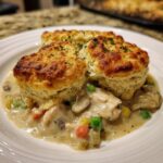 A serving of creamy 1-Pot chicken pot topped with three golden, flaky biscuits sprinkled with parsley.
