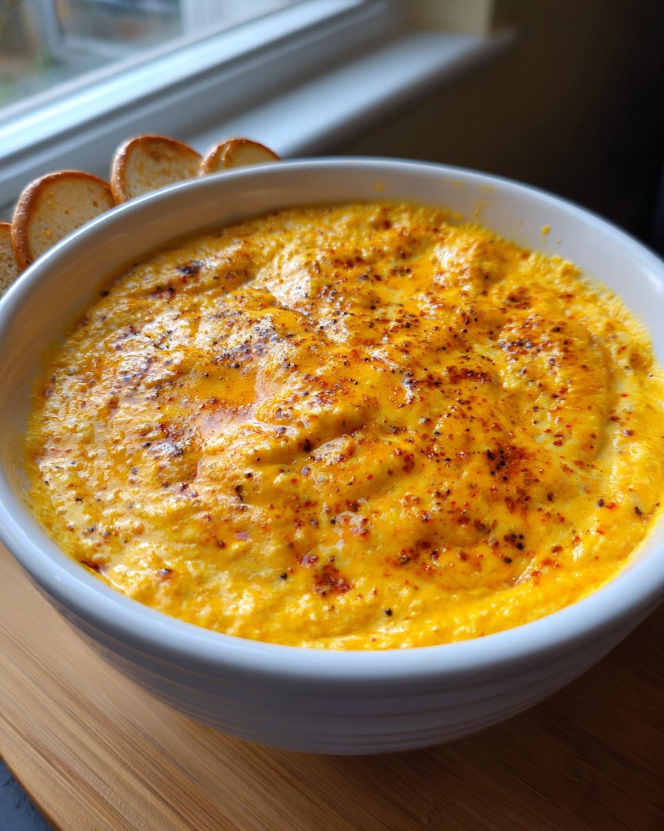 Close-up of a rich, orange beer cheese dip topped with spices, served with toasted bread slices.