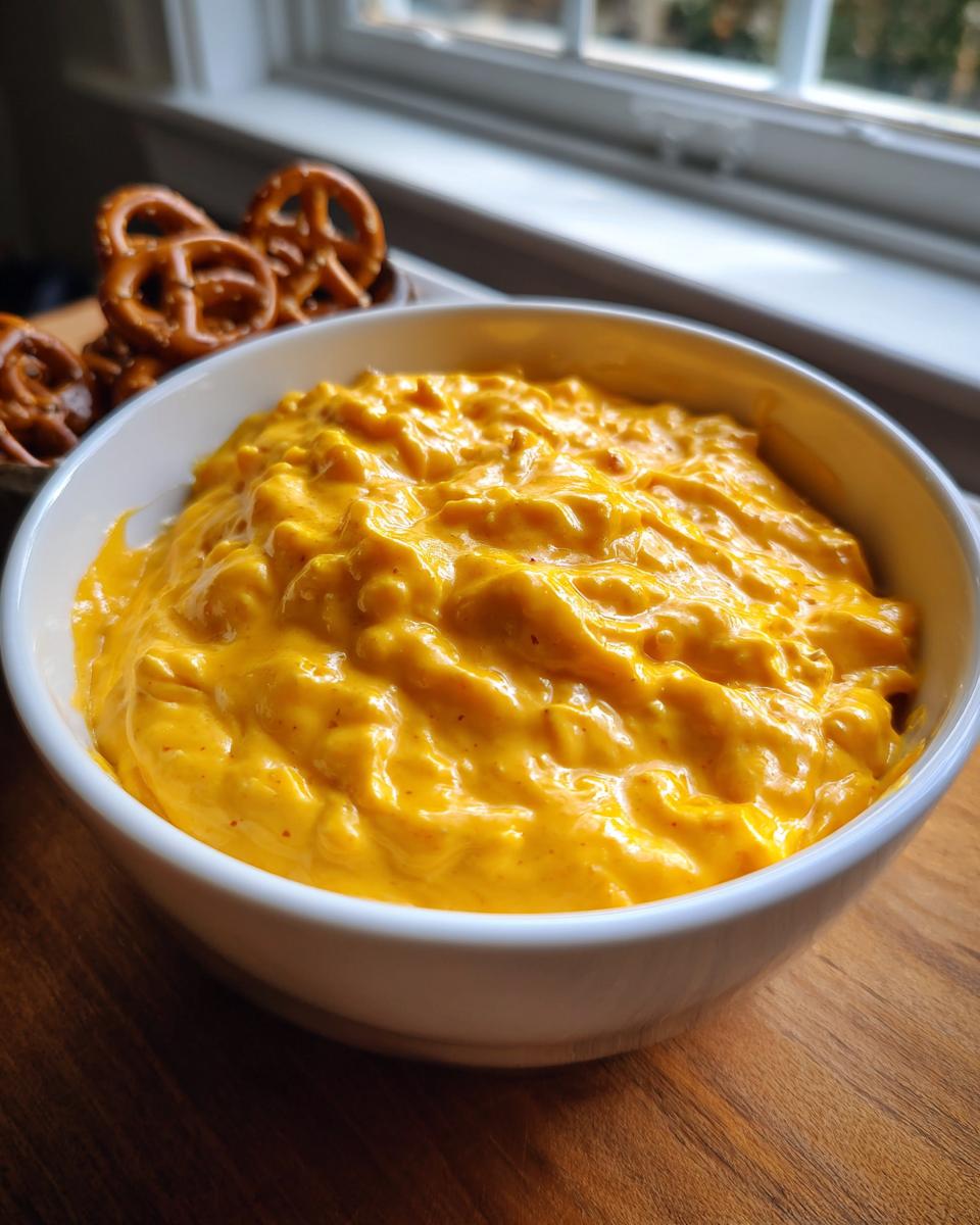 Close-up of a bowl of warm, bright orange beer cheese dip served with pretzels in the background.