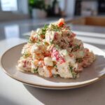 A mound of creamy crab salad mixed with red and white pieces, topped with fresh dill, served on a light plate.