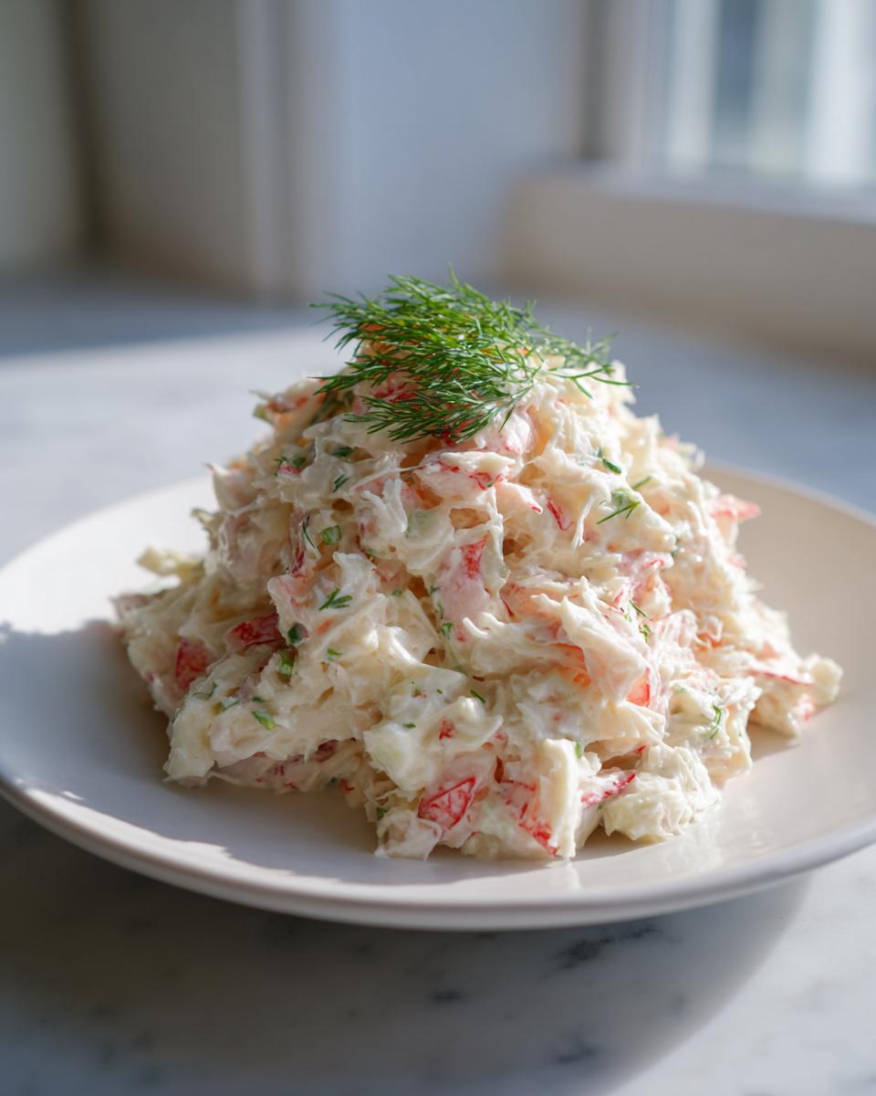 A mound of creamy crab salad garnished with fresh dill, served on a white plate in bright natural light.