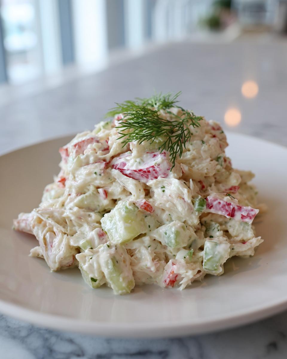 A mound of creamy crab salad mixed with diced cucumber and red pepper, garnished with fresh dill.