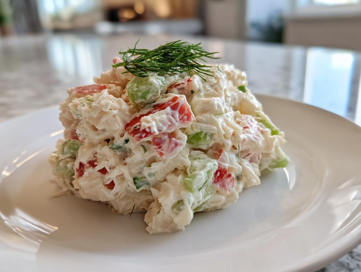 A mound of creamy, fresh crab salad mixed with red peppers and celery, garnished with dill.