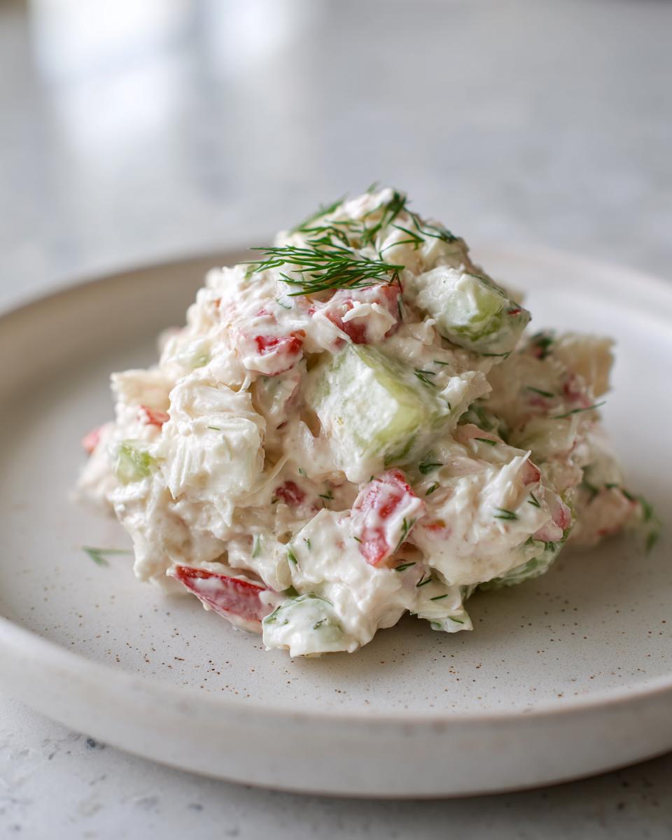 A mound of creamy crab salad featuring chunks of crab, cucumber, and red pepper, topped with fresh dill.
