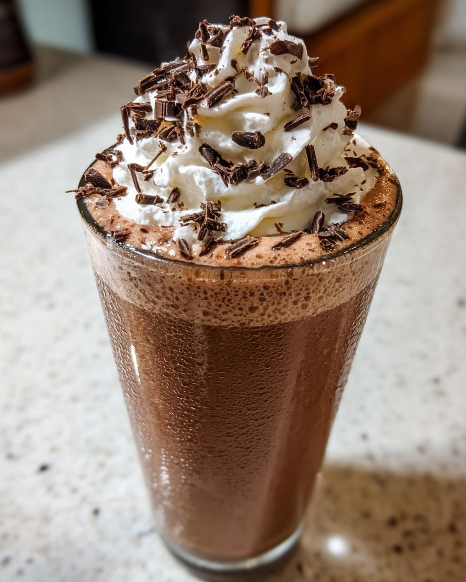 Close-up of a tall, frosty glass filled with frozen hot chocolate topped with whipped cream and chocolate shavings.