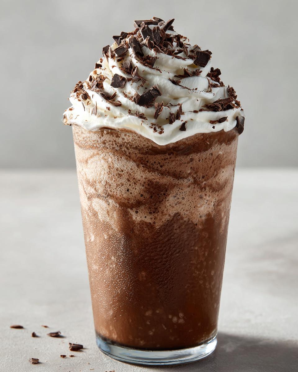 A tall glass filled with rich, blended frozen hot chocolate topped with whipped cream and chocolate shavings.
