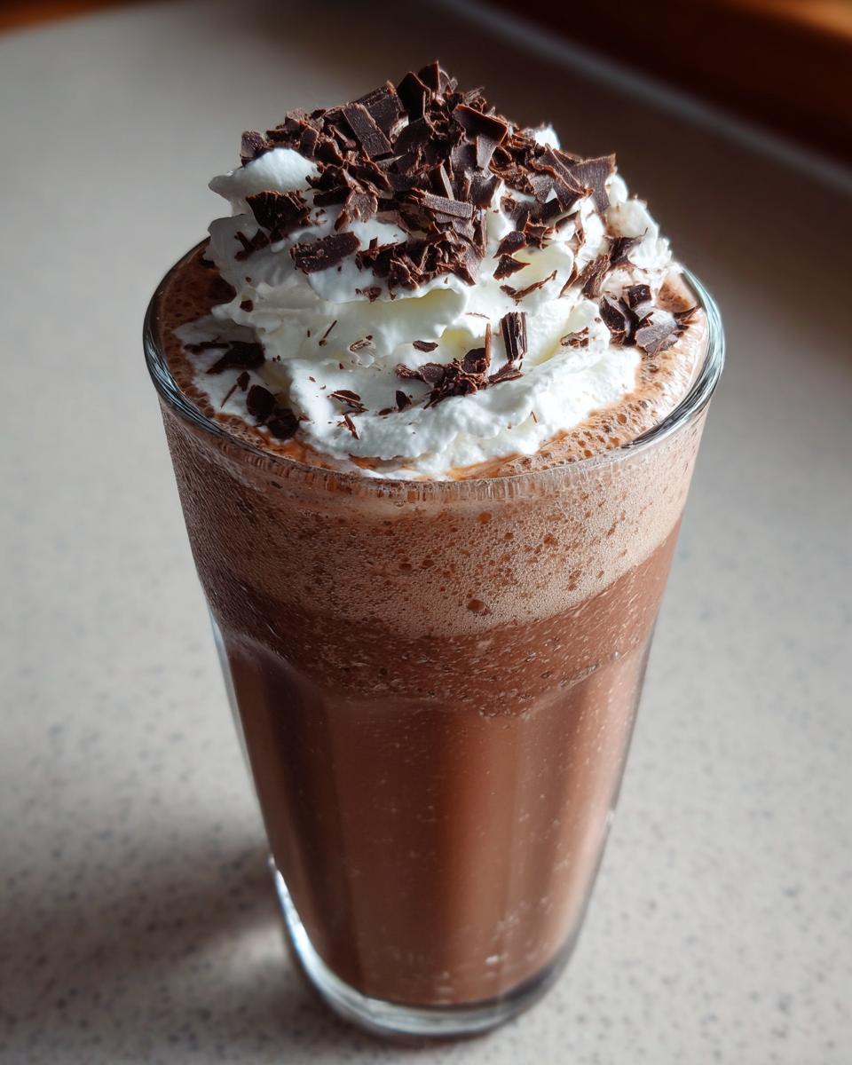 A tall glass filled with blended frozen hot chocolate, topped with whipped cream and chocolate shavings.