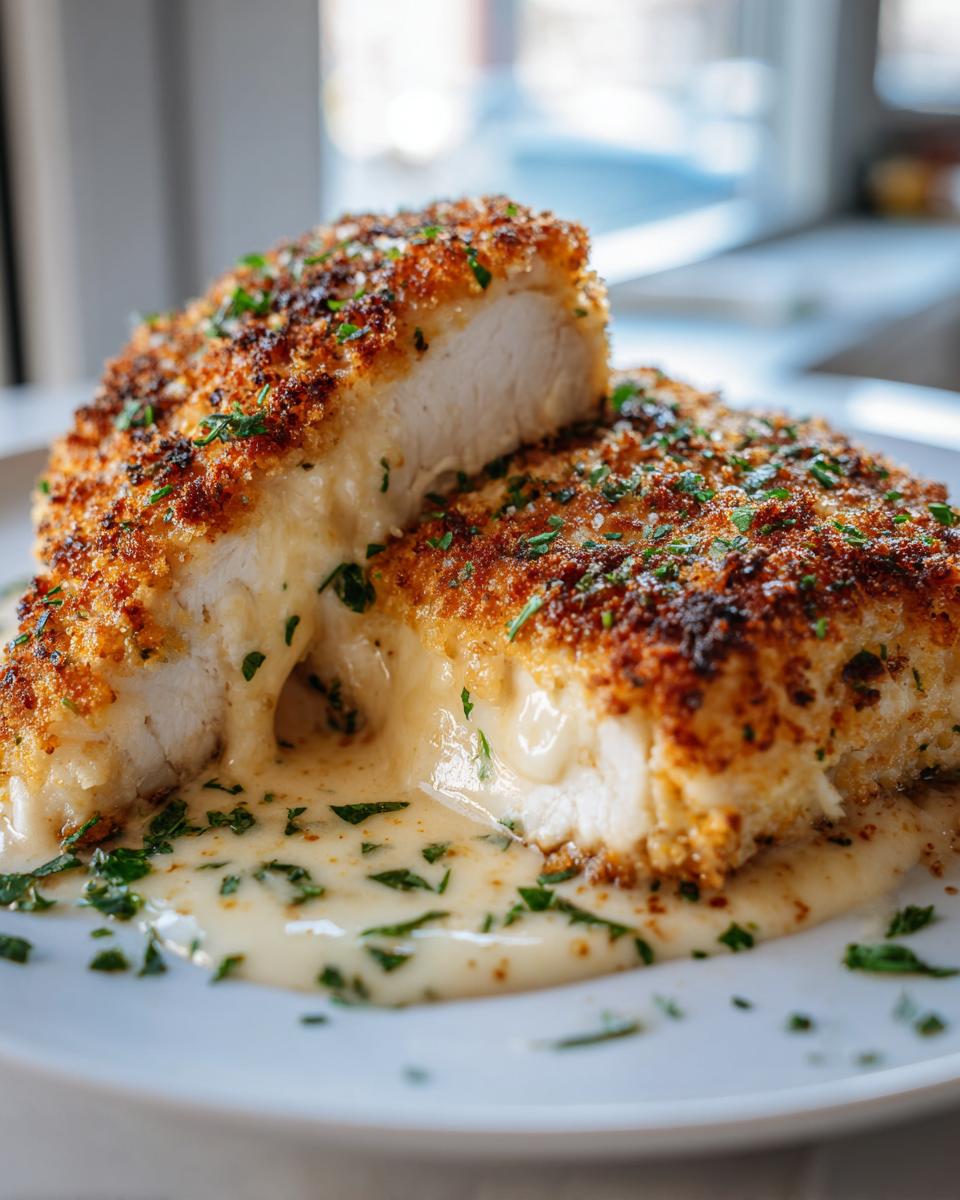 Close-up of a breaded and baked caesar chicken breast cut in half, revealing melted cheese sauce spilling out.