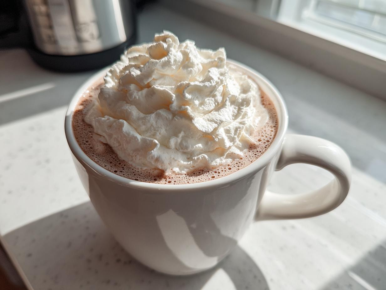 A close-up of a mug filled with rich white hot chocolate topped generously with whipped cream.