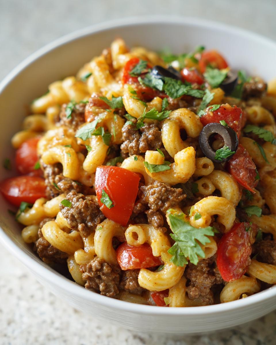 A close-up of a white bowl filled with creamy taco pasta salad featuring elbow macaroni, seasoned ground beef, tomatoes, and olives.