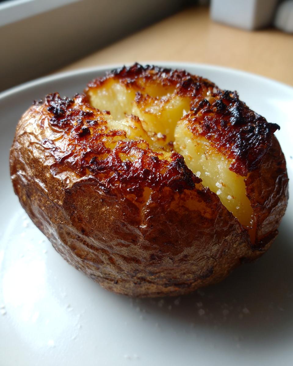 Close-up of a fluffy air fryer baked potato with a deeply browned, crispy skin and visible salt crystals.