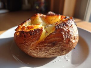 Close-up of a fluffy air fryer baked potato with a crispy, seasoned skin sitting on a white plate.