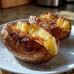 Two halves of a perfectly cooked air fryer baked potato, showing fluffy interior and seasoned, crispy skin.
