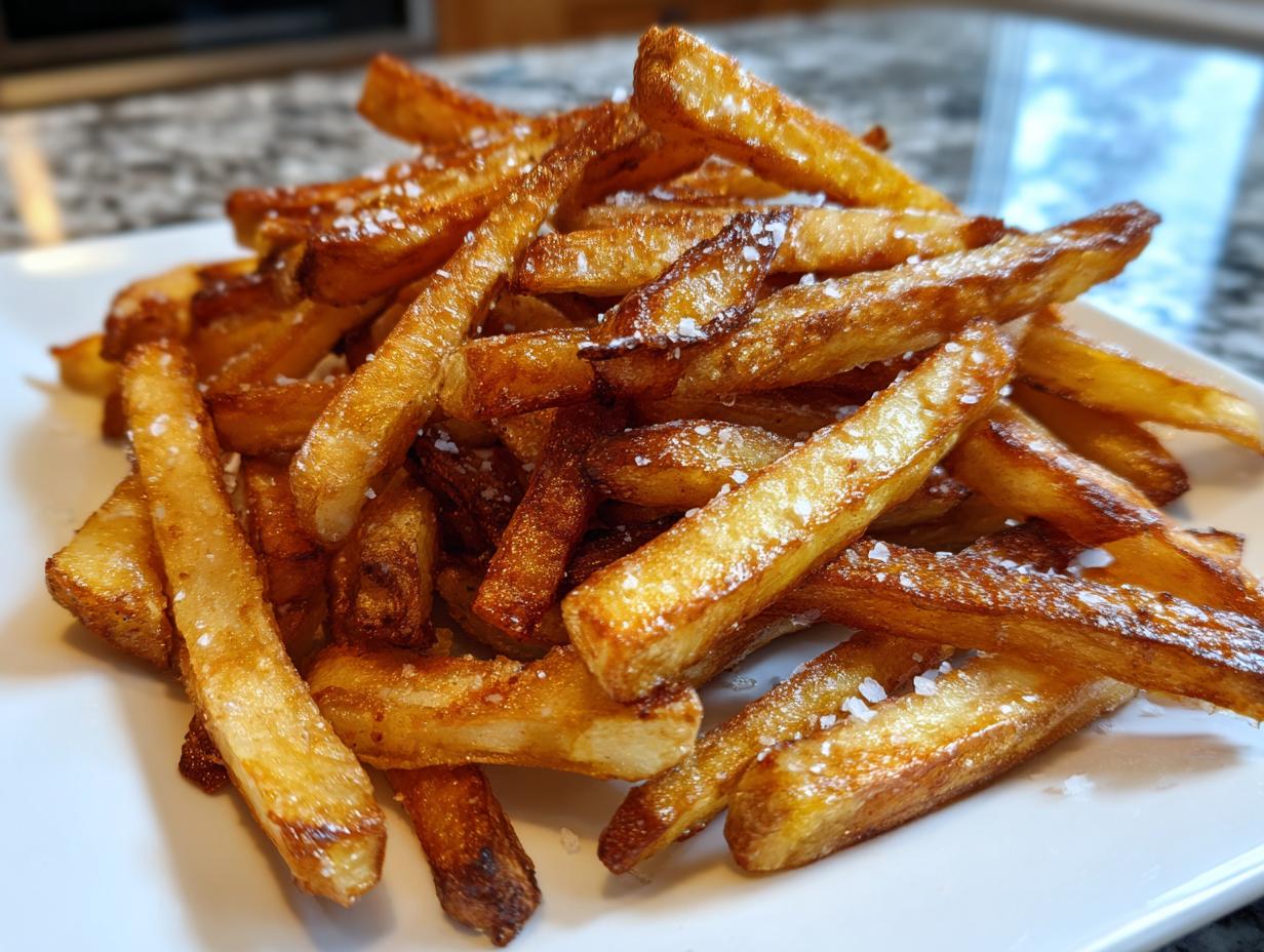 A close-up of a pile of golden brown, crispy air fryer french fries sprinkled with coarse sea salt.