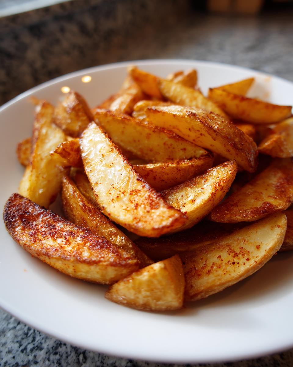 A close-up of golden brown, seasoned air fryer potato wedges piled high in a white bowl.