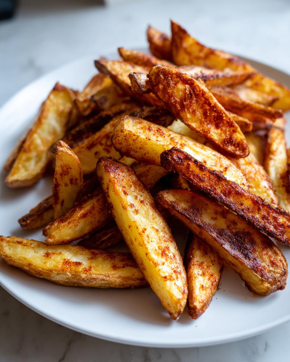 A pile of golden brown, seasoned air fryer potato wedges served on a white plate.