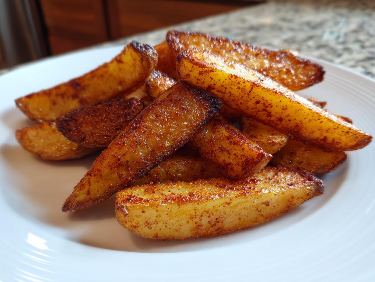 A close-up of golden brown, seasoned air fryer potato wedges piled on a white plate.