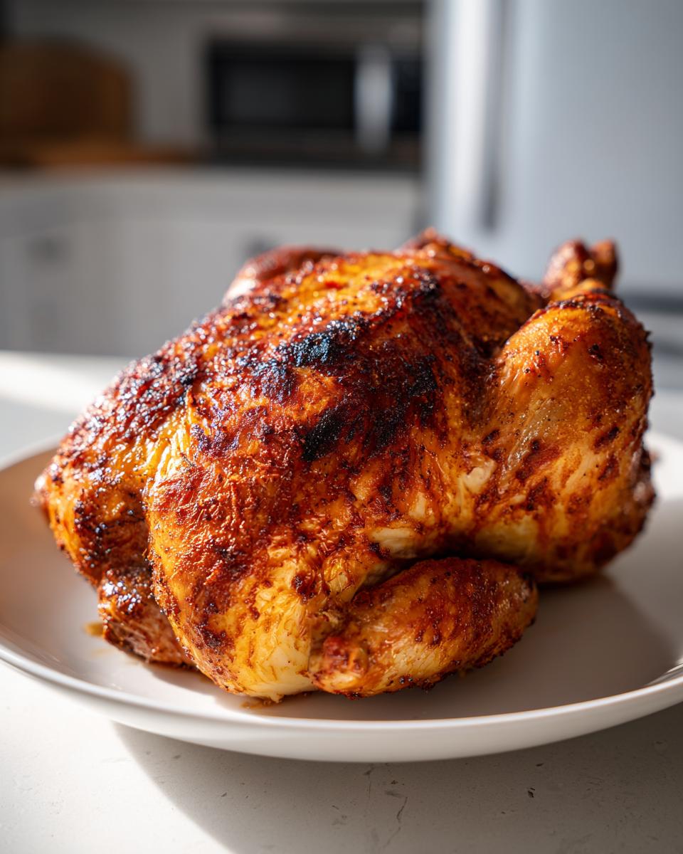 A perfectly cooked, golden-brown air fryer whole chicken with crispy skin resting on a white plate.