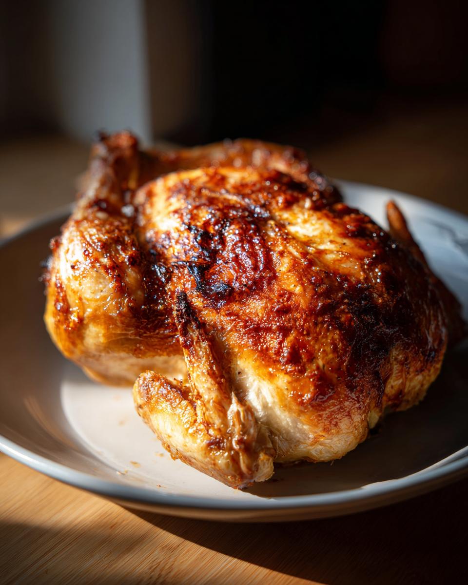A golden-brown, crispy skin air fryer whole chicken resting on a light-colored plate.
