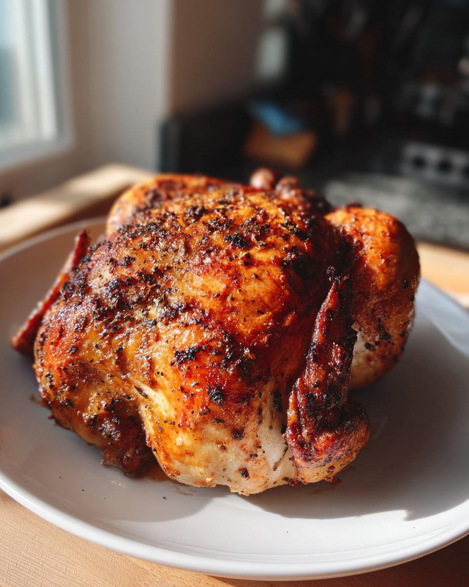 A whole roasted chicken with crispy, seasoned skin served on a white plate, showcasing the results of an air fryer whole chicken recipe.